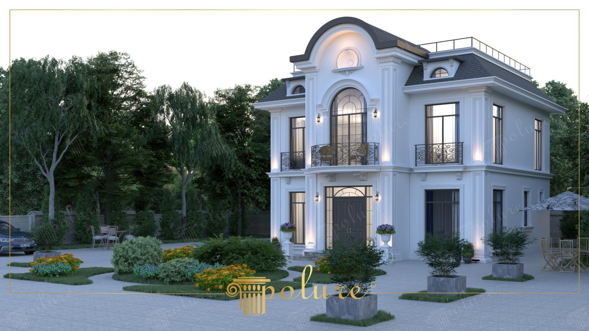 Perspektif açıdan görünen, dikey pilasterleri, kat silmeleri ve pencere söveleri olan aydınlatılmış neoklasik villa cephesi