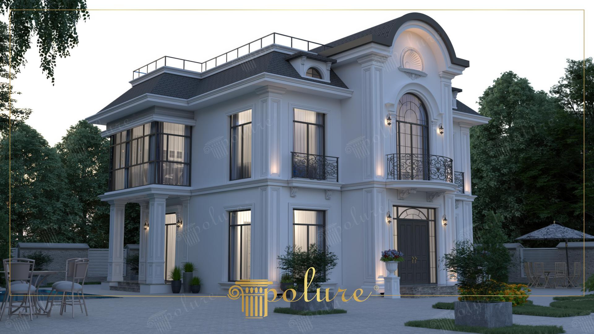 Perspektif açıdan görünen, cam verandası, köşe pilasterleri ve pencere söveleri bulunan neoklasik villa cephesi