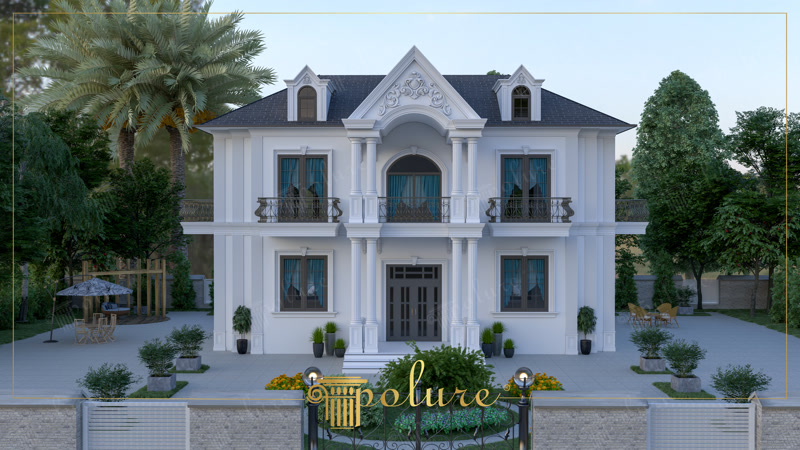 Çift katlı sütunlar, kemerli çatı pedimentleri ve pencere söveleri ile simetrik beyaz villa ön cephesi