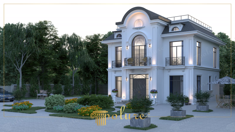 Perspektif açıdan görünen, dikey pilasterleri, kat silmeleri ve pencere söveleri olan aydınlatılmış neoklasik villa cephesi