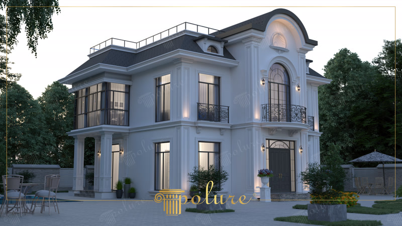 Perspektif açıdan görünen, cam verandası, köşe pilasterleri ve pencere söveleri bulunan neoklasik villa cephesi