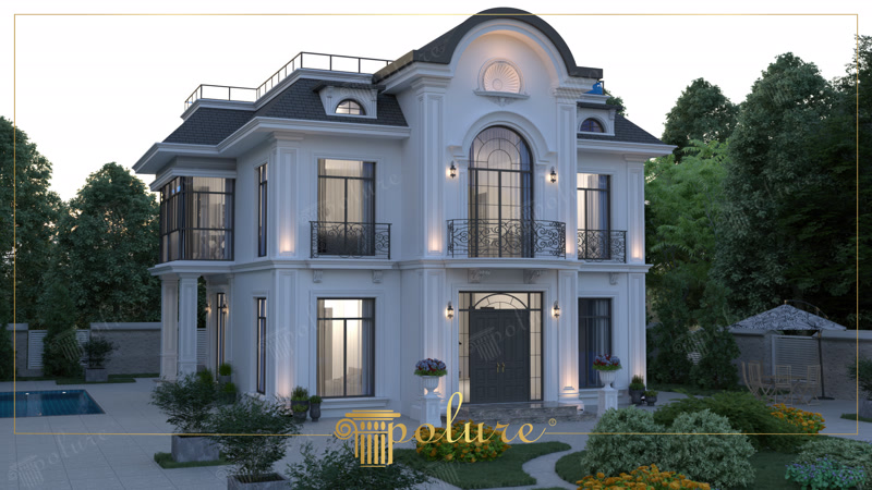 Havuzlu bahçede yer alan, tonoz kemerli çatı pedimenti ve pencere söveleri bulunan neoklasik villa cephesi