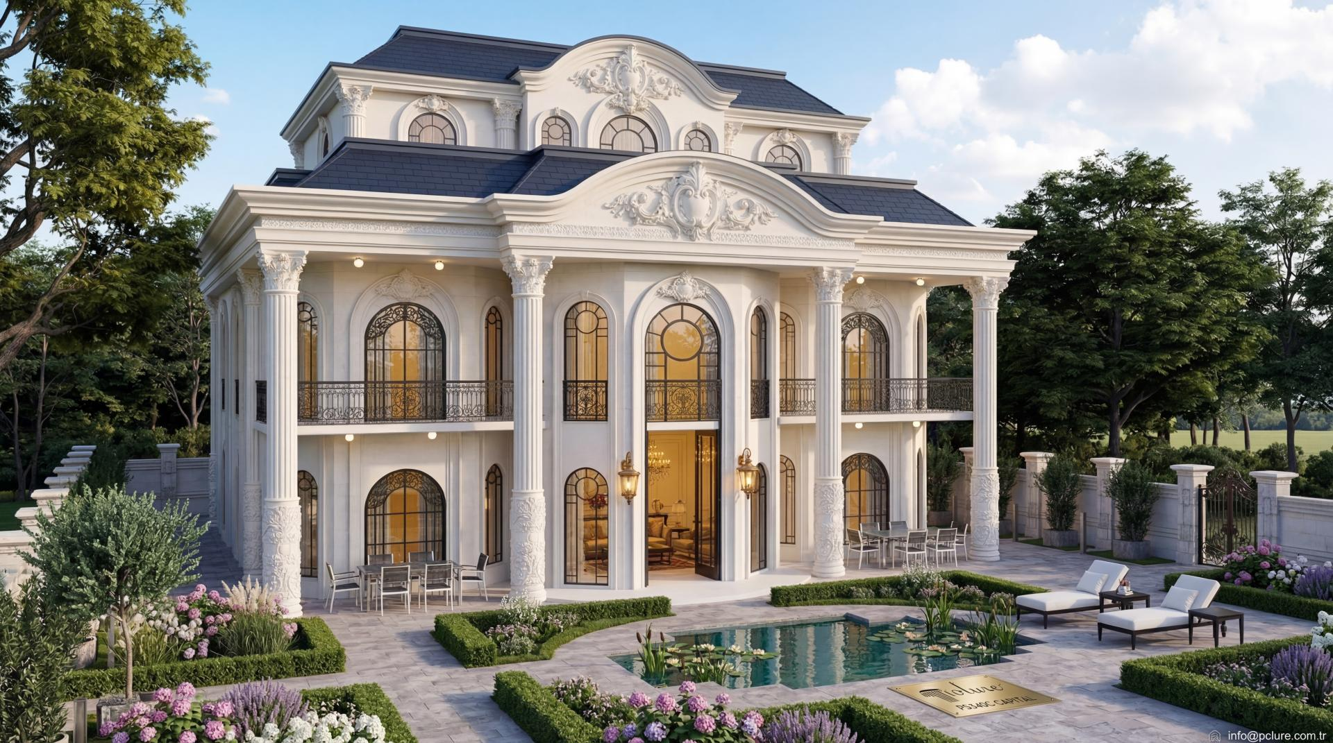Korint başlıklı dev sütunları, kemerli pencere söveleri ve süs havuzlu bahçesi olan saray tarzı lüks villa cephesi