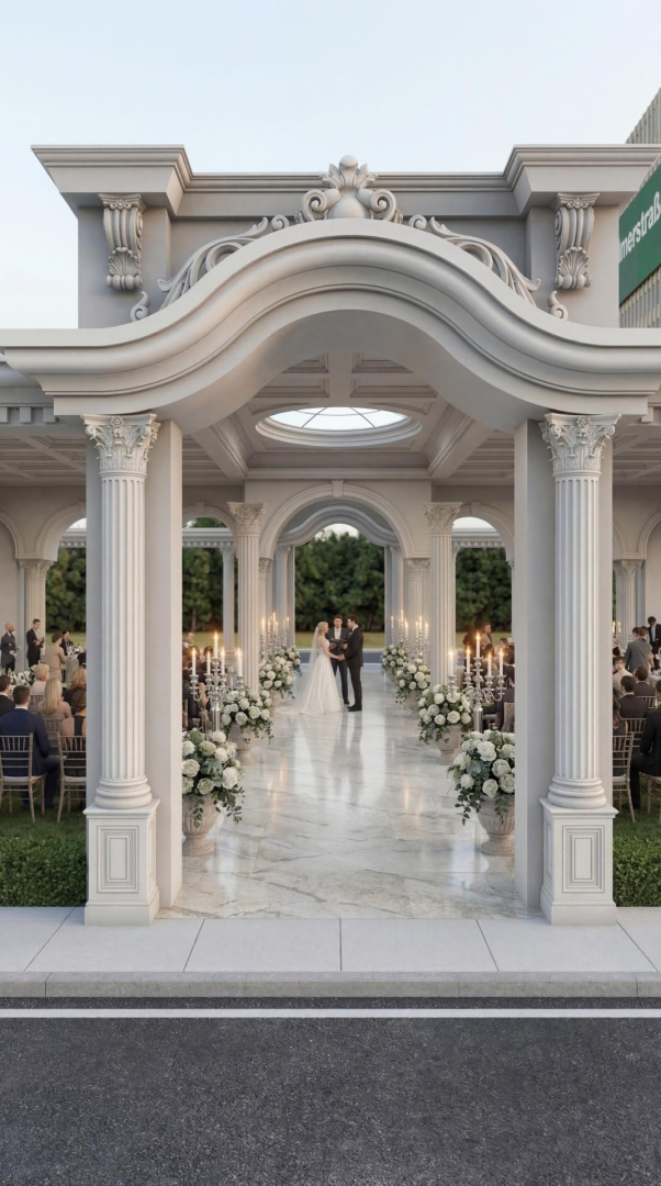 Korint sütunları, kaset tavanı ve dalgalı kemer takı ile nikah töreni alanı olarak tasarlanmış beyaz gazebo