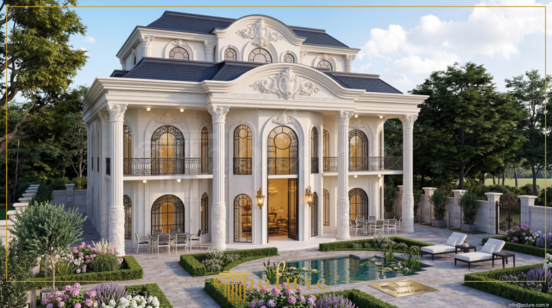 Korint başlıklı dev sütunları, kemerli pencere söveleri ve süs havuzlu bahçesi olan saray tarzı lüks villa cephesi