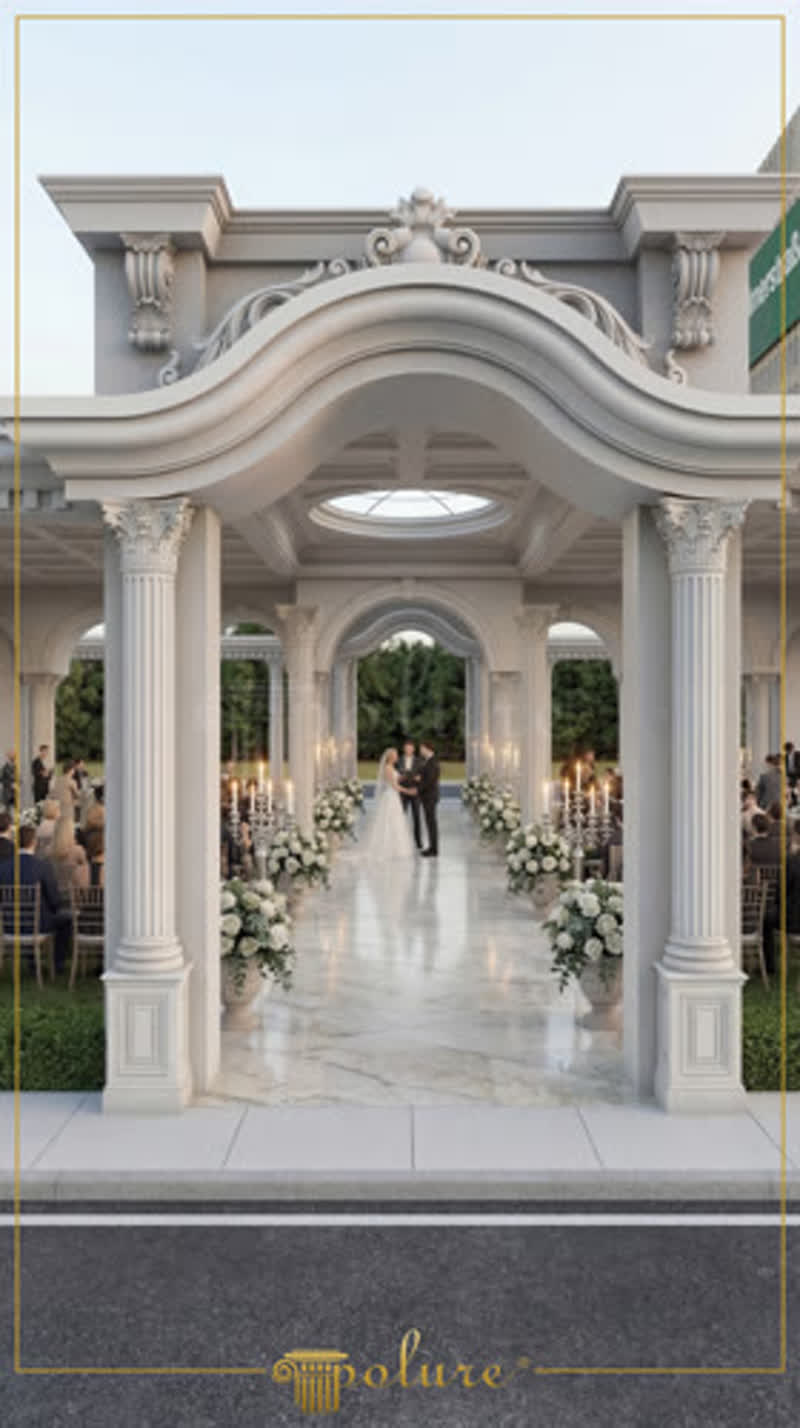 Korint sütunları, kaset tavanı ve dalgalı kemer takı ile nikah töreni alanı olarak tasarlanmış beyaz gazebo