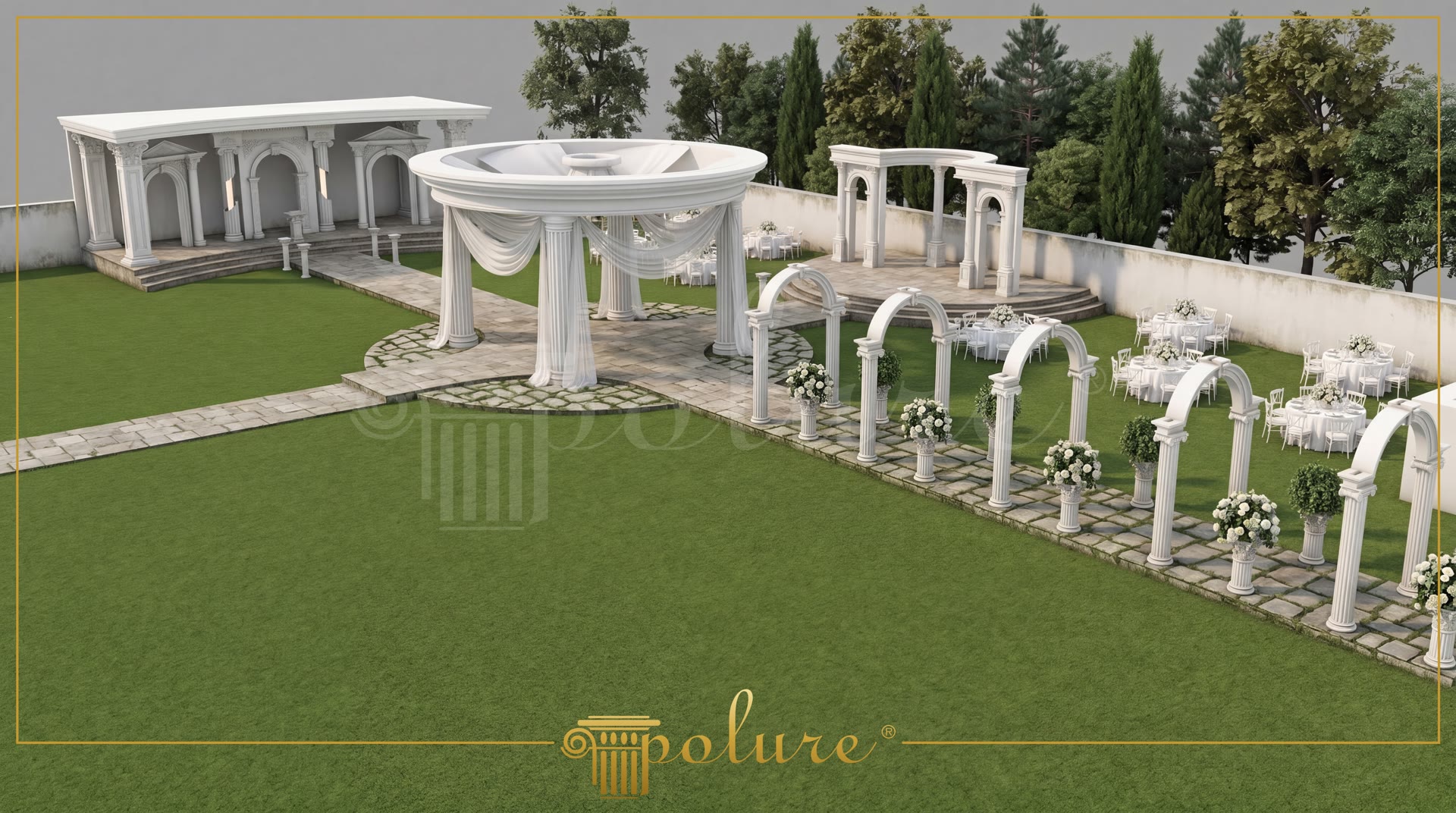 Geniş yeşil çim alanda yuvarlak gazebo, sıralı kemer takları ve nikah sahnesi içeren poliüretan sütunlu kır düğün alanı.