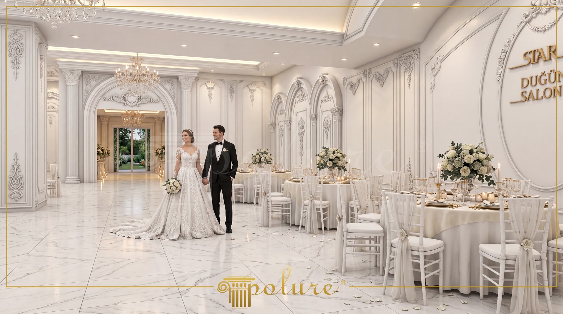 Beyaz neoklasik düğün salonunda gelin damat, süslenmiş banquet masaları, kemerli geçiş söveleri ve oval duvar panosu.