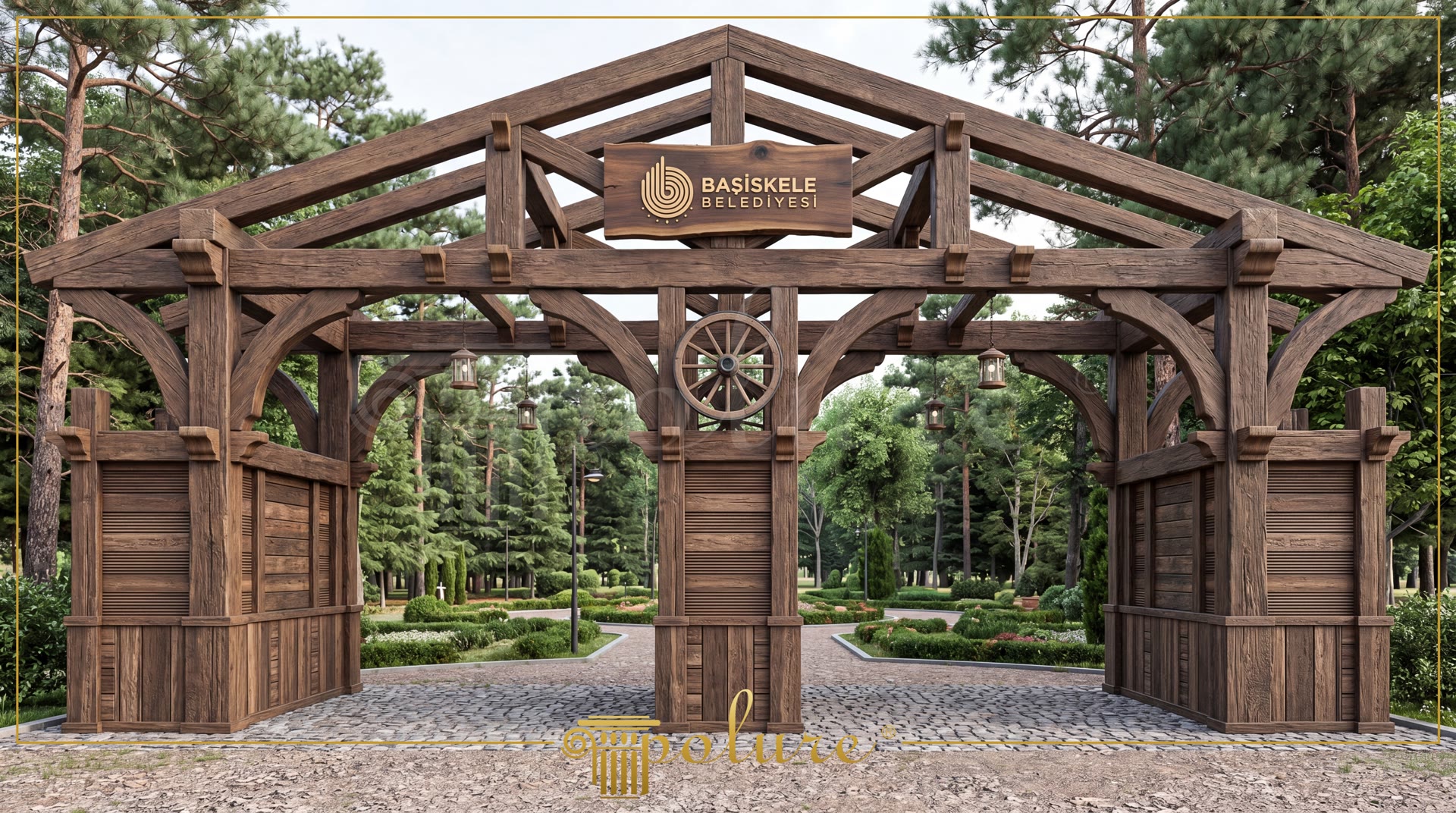 Başiskele Belediyesi park girişinde çift geçişli kütük ahşap görünümlü giriş portalı ve çatı makasları