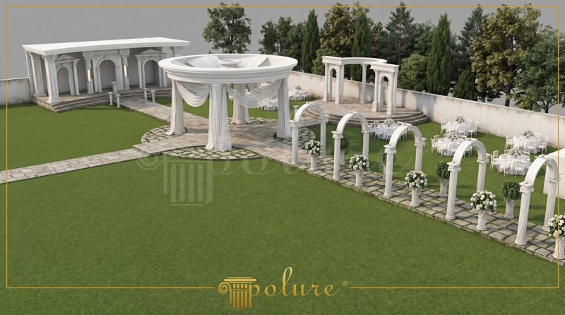 Geniş yeşil çim alanda yuvarlak gazebo, sıralı kemer takları ve nikah sahnesi içeren poliüretan sütunlu kır düğün alanı.