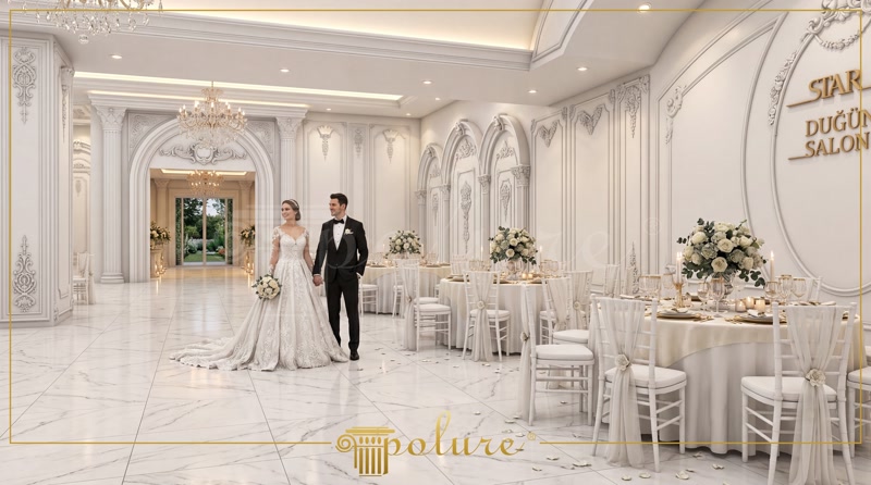 Beyaz neoklasik düğün salonunda gelin damat, süslenmiş banquet masaları, kemerli geçiş söveleri ve oval duvar panosu.