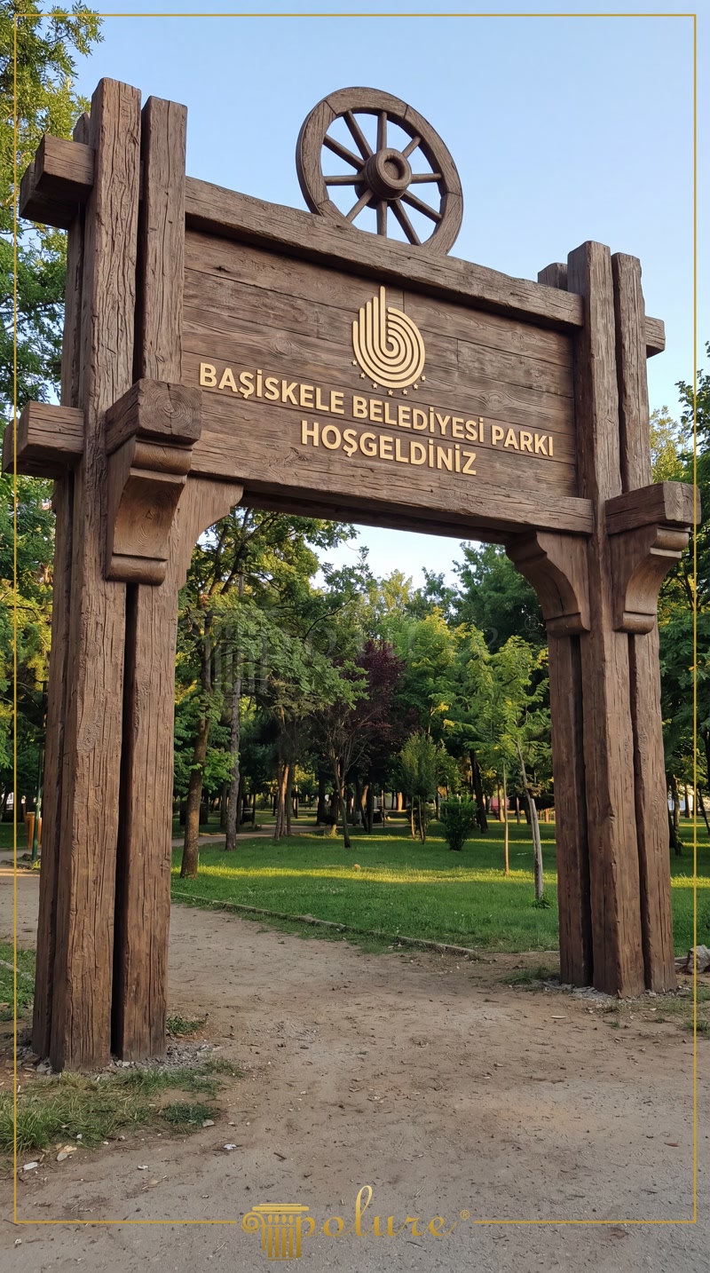 Başiskele Belediyesi Parkı girişinde kütük ahşap görünümlü büyük giriş takı ve tekerlek detayı