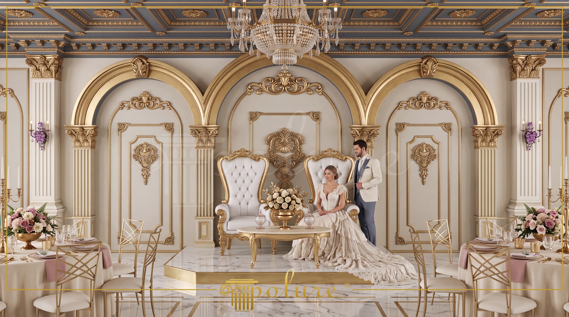Altın varaklı üçlü kemer panelleri, Corinthian sütunlar ve beyaz taht koltuklar önünde duran gelin ve damat