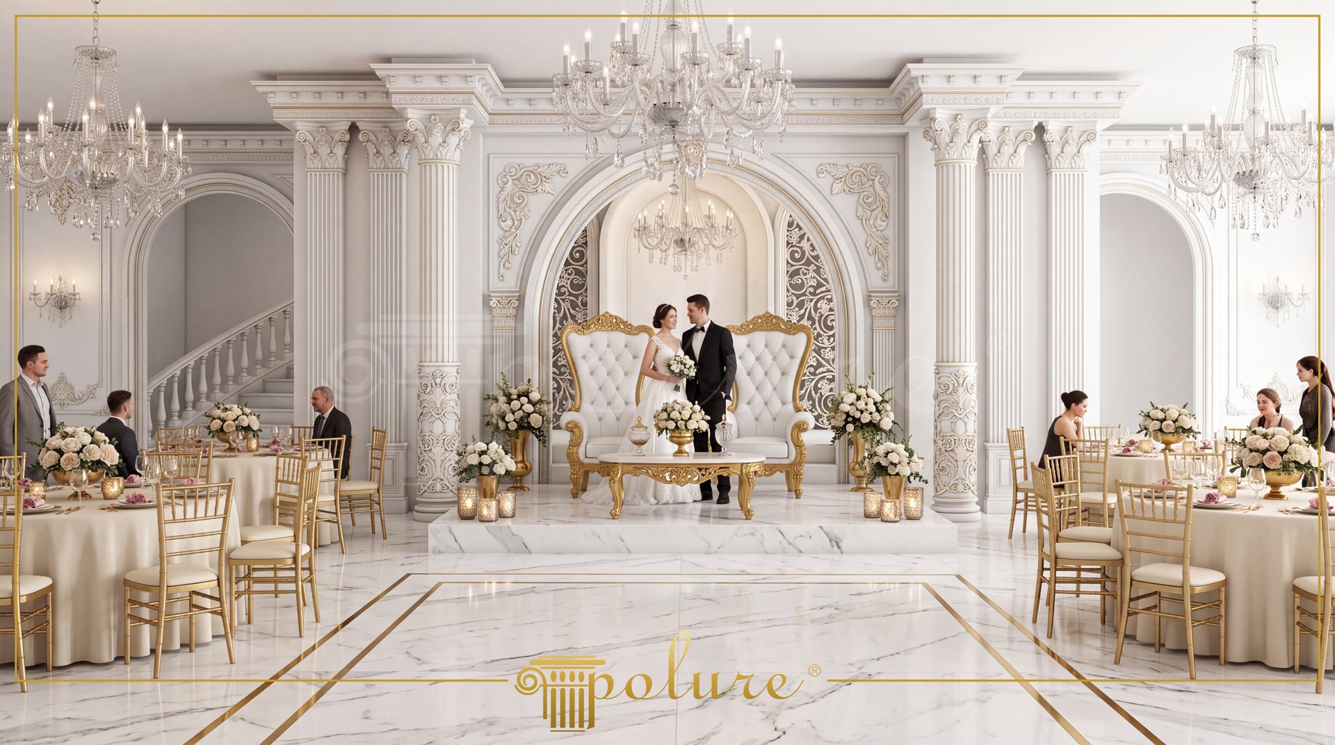 Lüks düğün salonunda Korint başlıklı sütunlar, dekoratif kemer söveleri ve gelin damat sahnesi