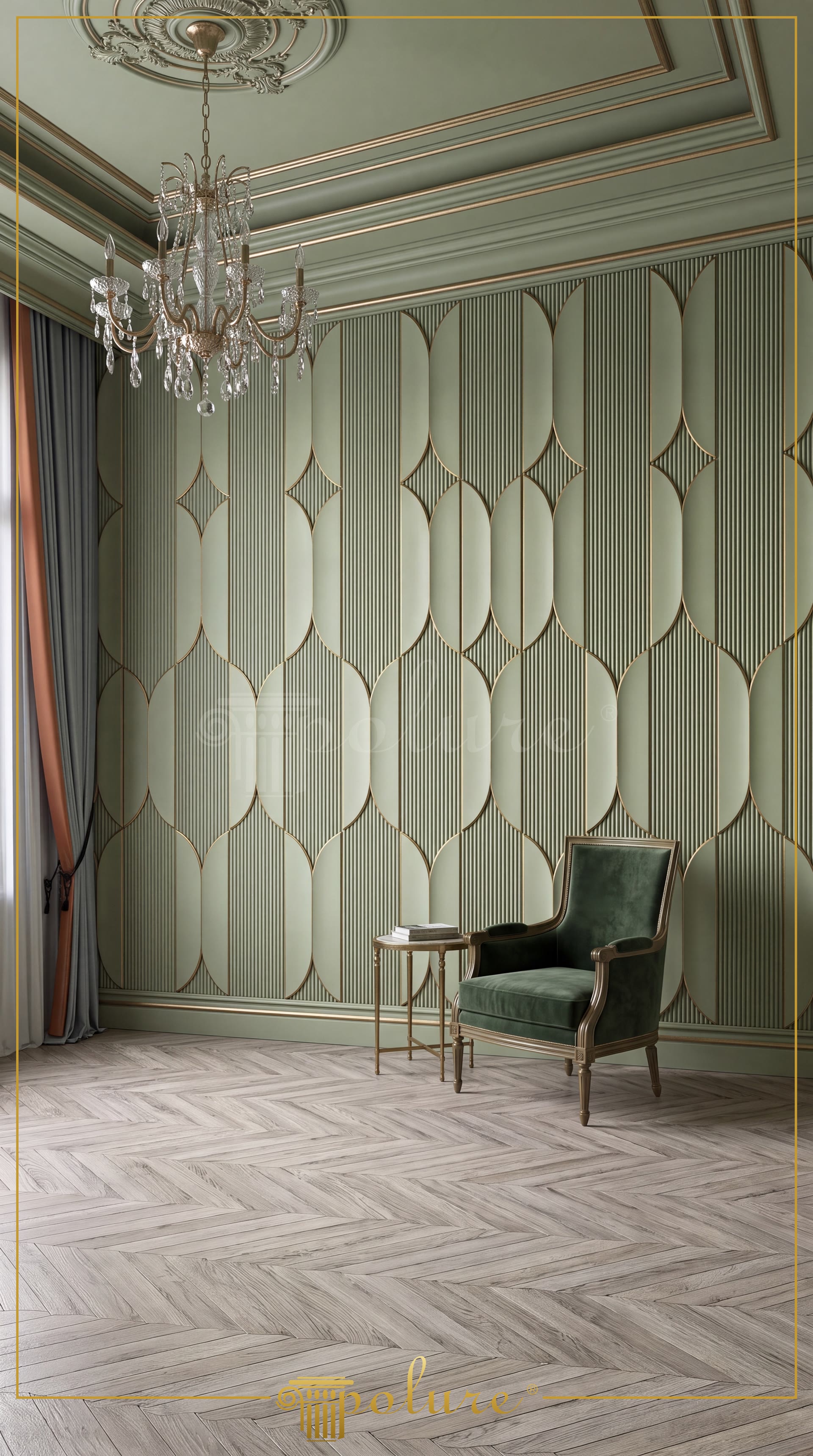Art Deco altın detaylı 3D geometrik duvar paneli, tavan göbeği, balıksırtı parke ve yeşil kadife berjer.