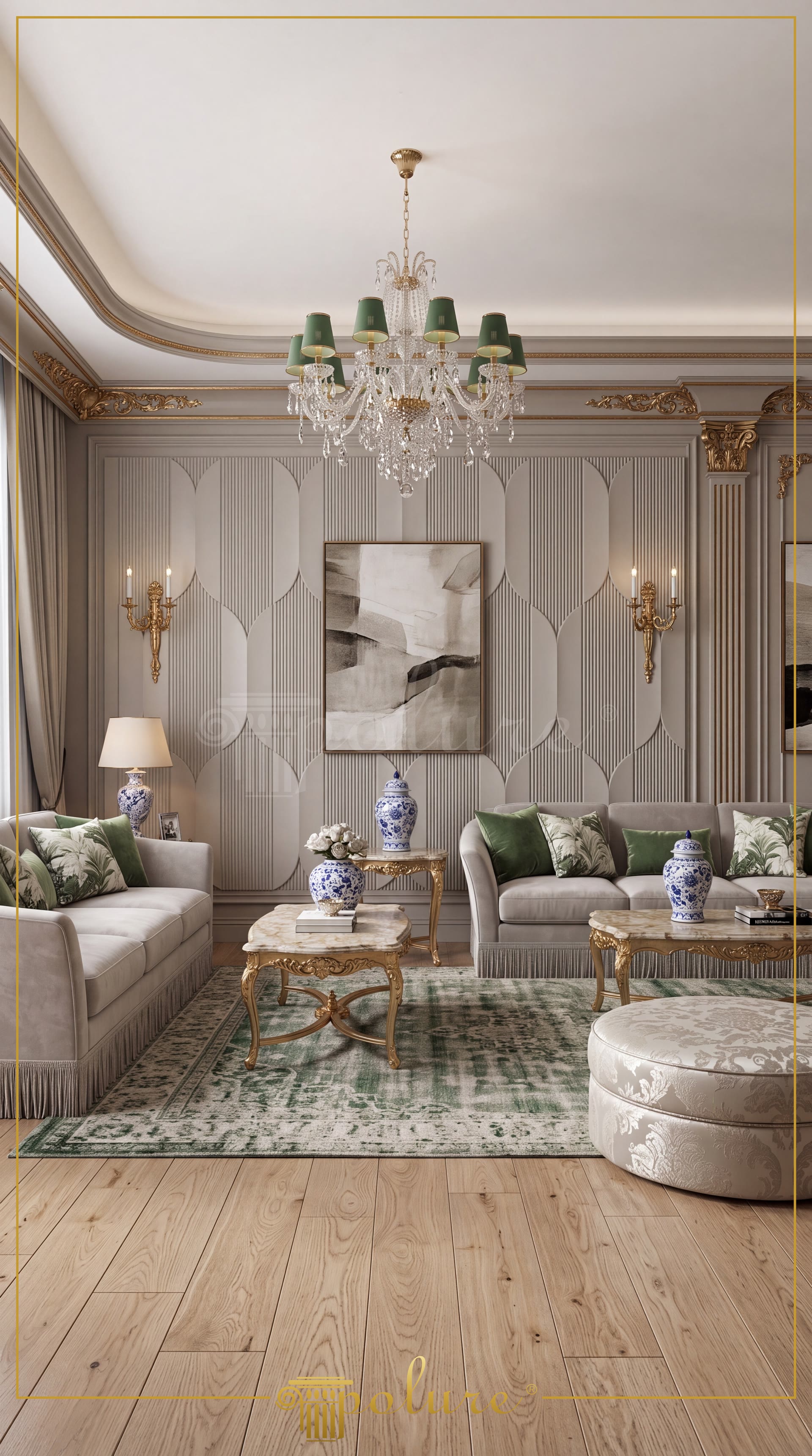 Altın varaklı Korint pilaster başlığı, 3D duvar paneli, kristal avize ve püsküllü koltuklu neoklasik salon görseli.