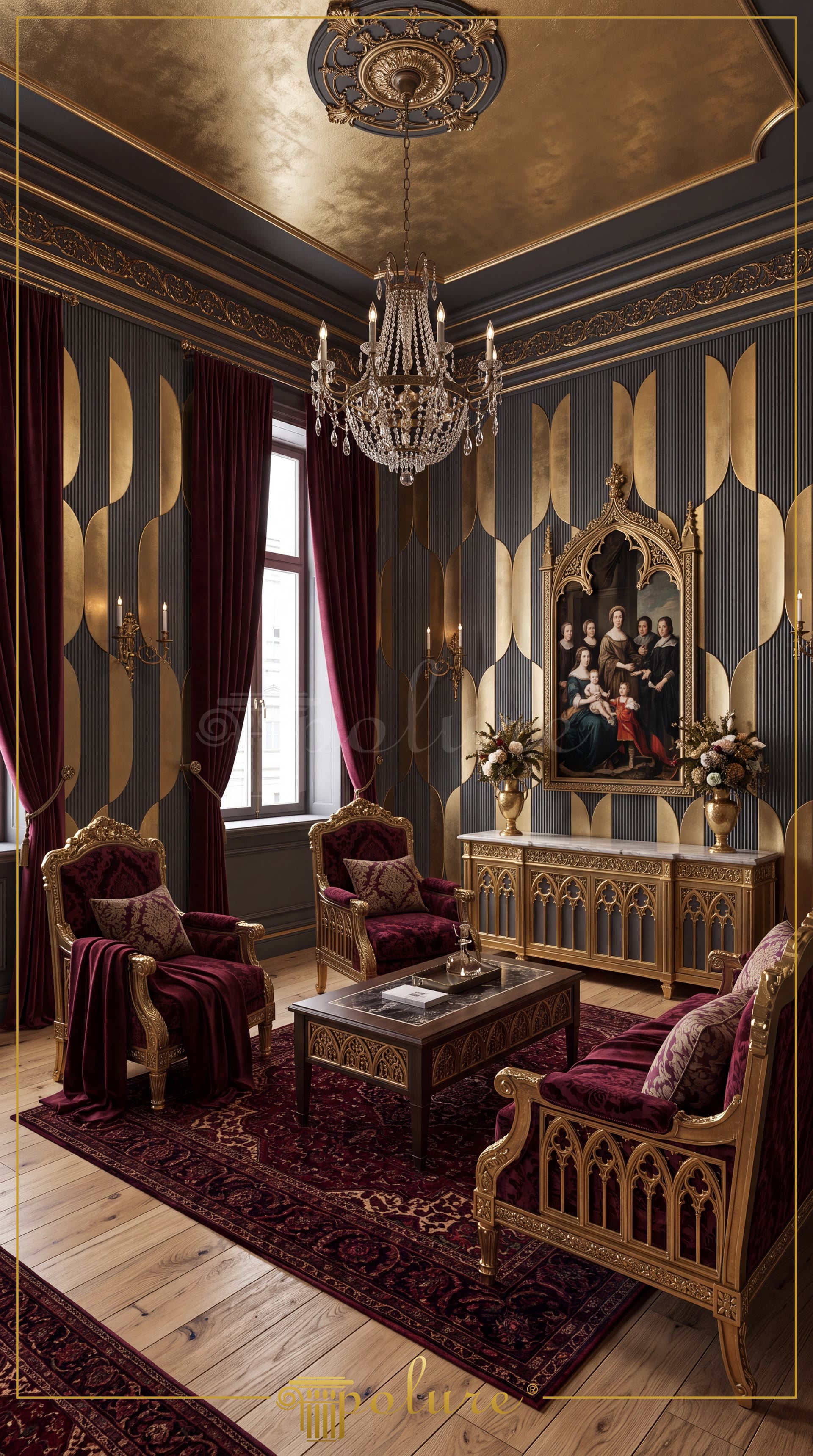 Gotik kemerli altın tablo çerçevesi, tavan rozeti, altın korniş ve bordo kadife koltuklu neo-gotik lüks salon.