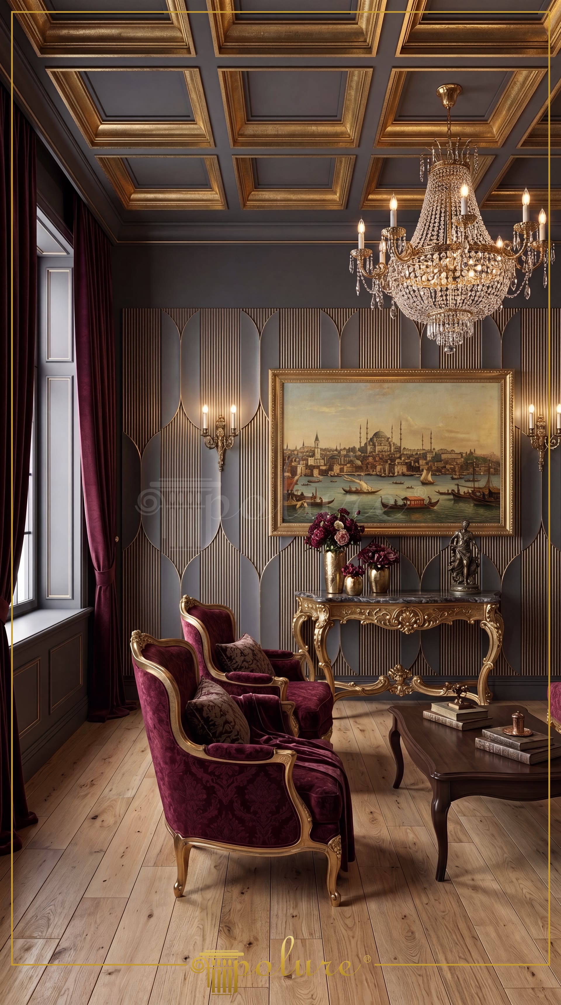 Altın varaklı kaset tavan kornişleri, 3D duvar paneli, İstanbul tablosu ve bordo berjerli lüks neoklasik salon.