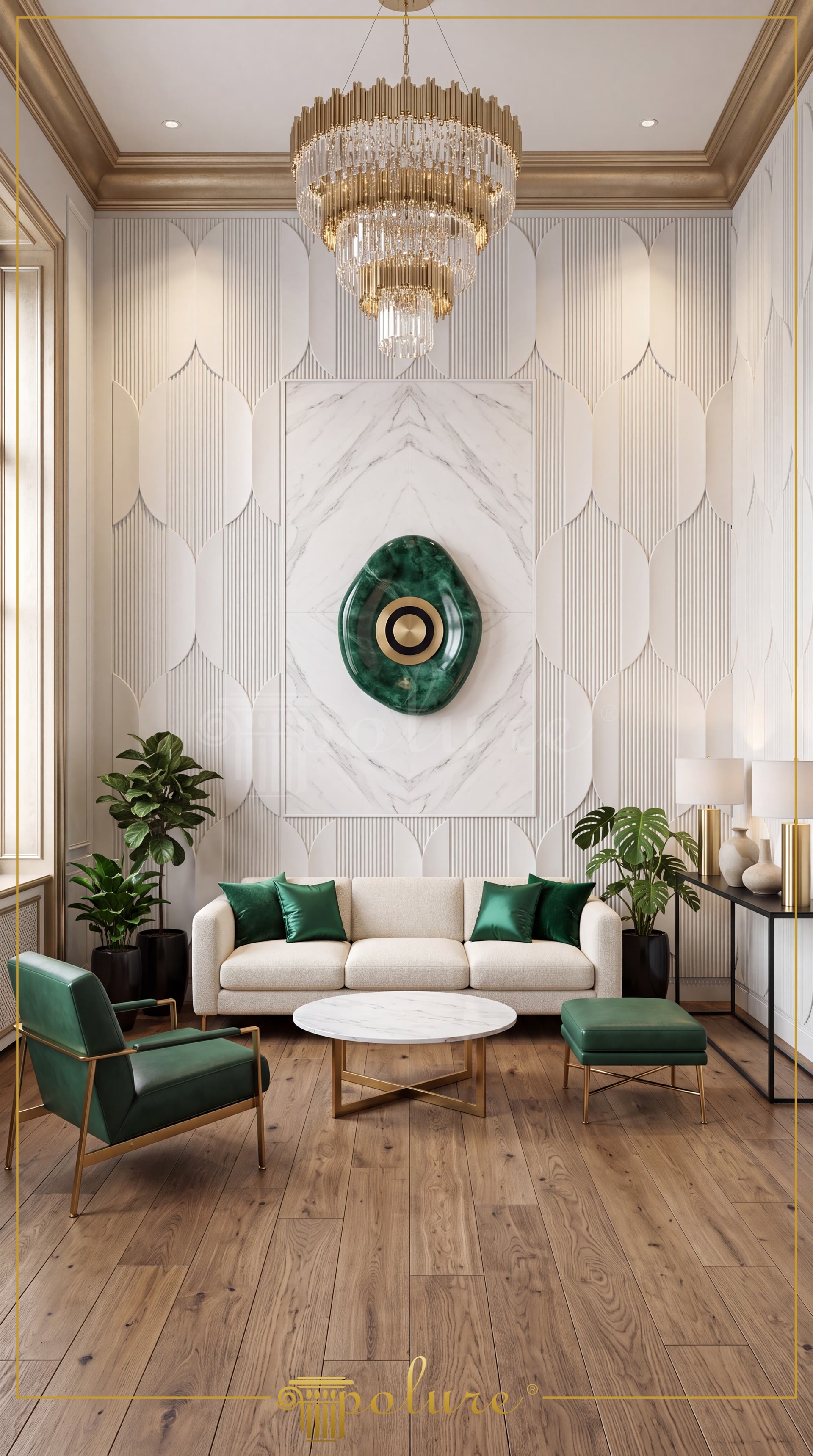 Beyaz 3D dikey oluklu duvar paneli, zümrüt yeşili duvar objesi, altın tavan söveleri ve yeşil berjerli modern salon.