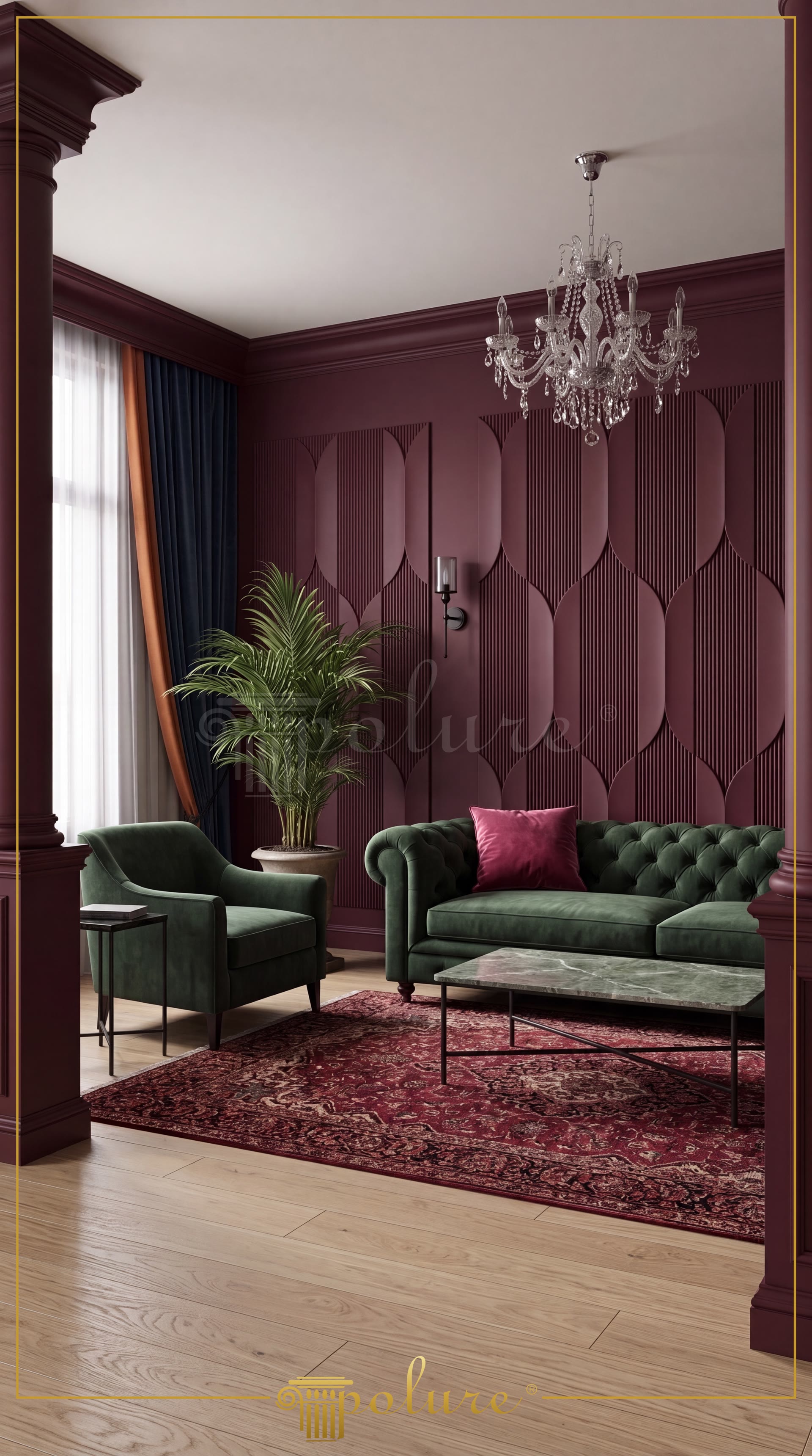 Bordo 3D dikey oluklu duvar panelleri, bordo tavan söveleri, zümrüt yeşili kadife chesterfield koltuk ve kristal avizeli lüks salon.
