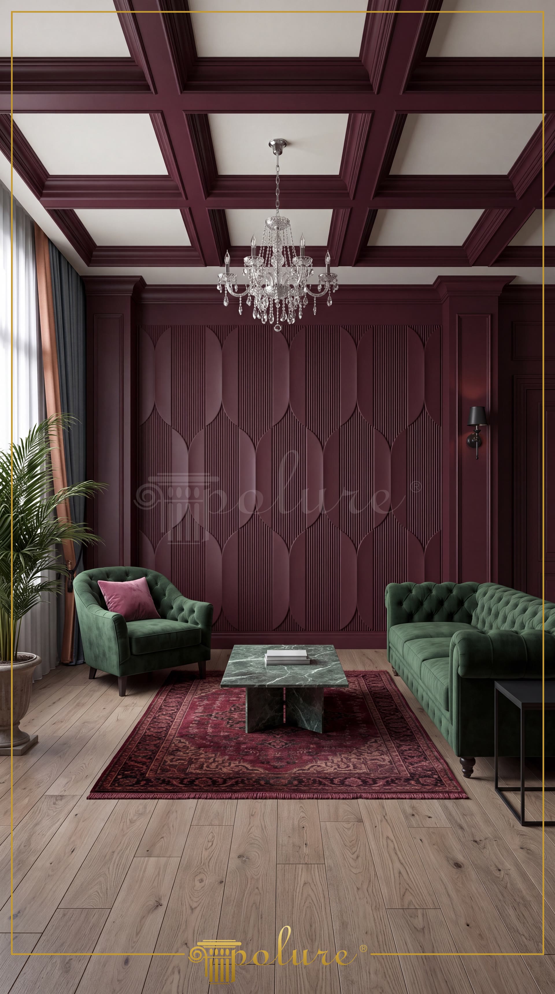 Bordo kaset tavan, 3D geometrik duvar paneli ve yeşil kadife koltuklu lüks salon dekorasyonu