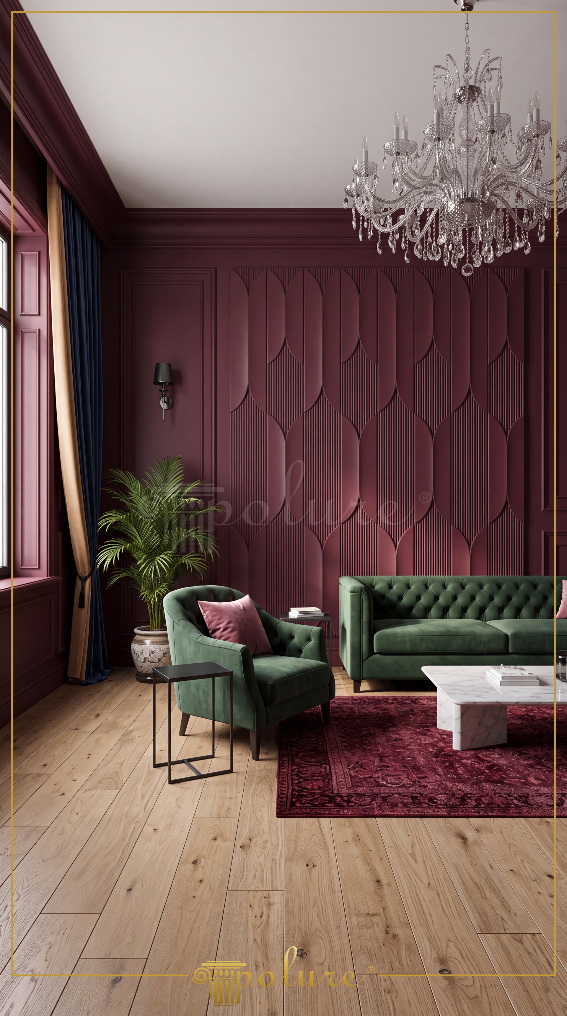 Pencereleri bordo söve çerçeveli, 3D duvar panelli ve yeşil kadife koltuklu lüks salon