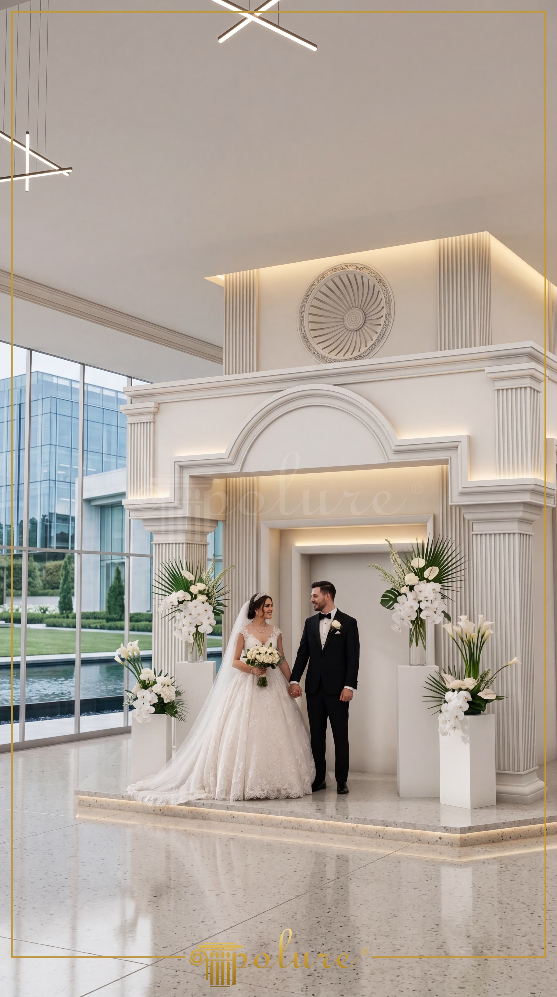 Yivli kare poliüretan sütunlar, kemer sövesi ve dairesel duvar rozeti ile tasarlanmış modern lüks nikah salonu