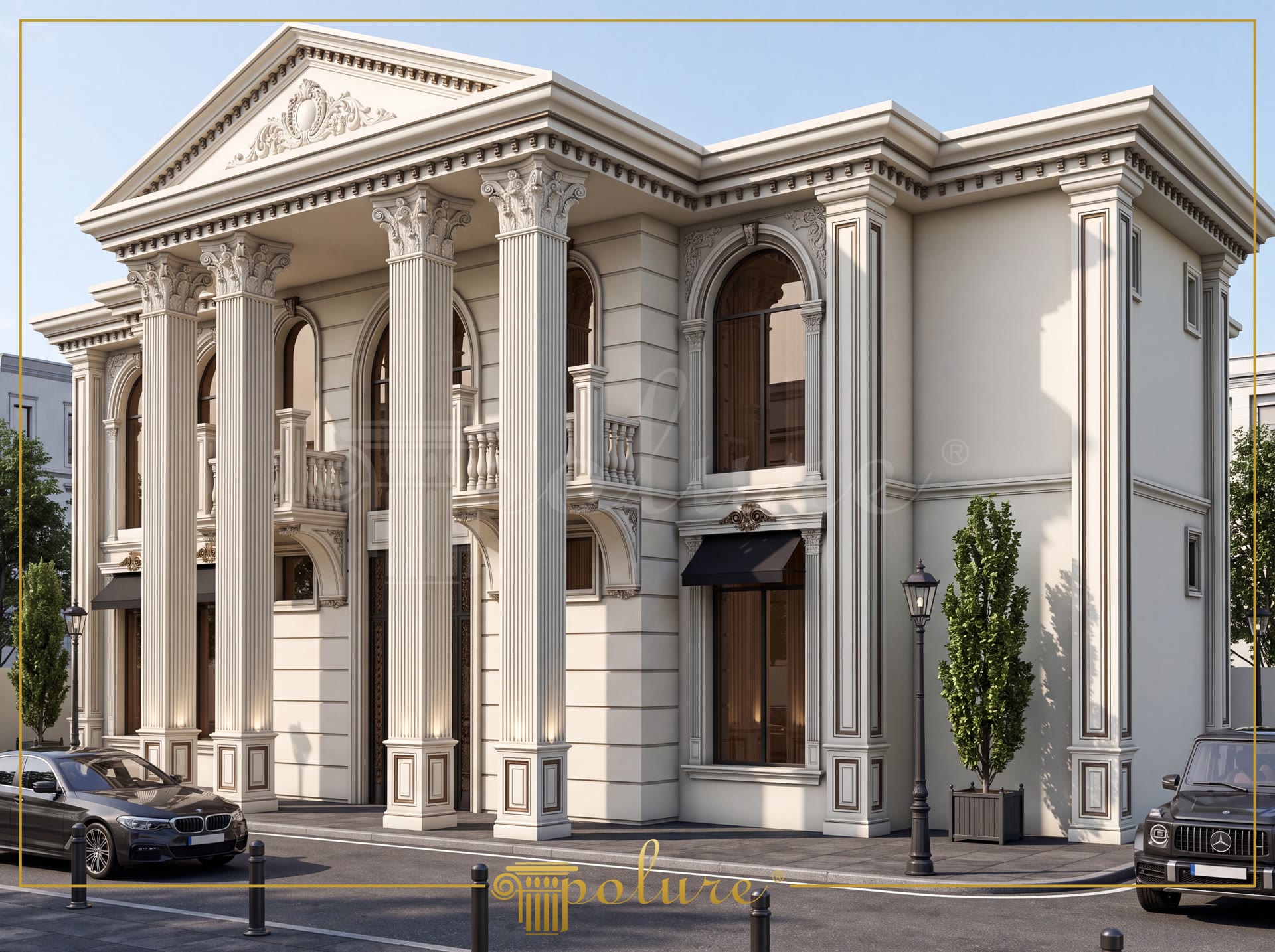 Klasik mimari tarzda inşa edilmiş, korint başlıklı sütunlar, kemerli söveler ve oymalı alınlık ile süslenmiş krem renkli iki katlı lüks villa dış cephesi.