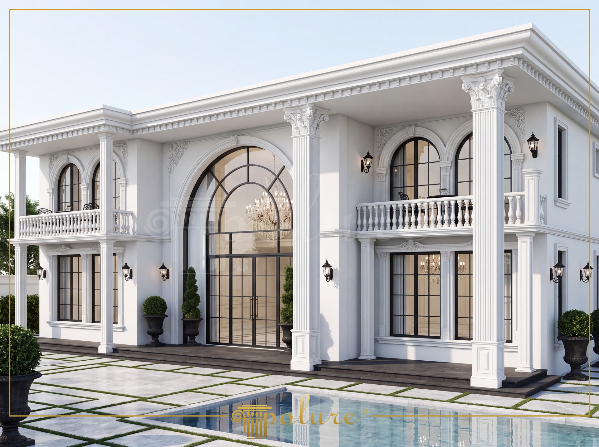 Önünde yüzme havuzu bulunan, beyaz korint sütunlar, kemerli söveler ve balustratlı balkonlar ile dekore edilmiş iki katlı lüks villa dış cephesi.