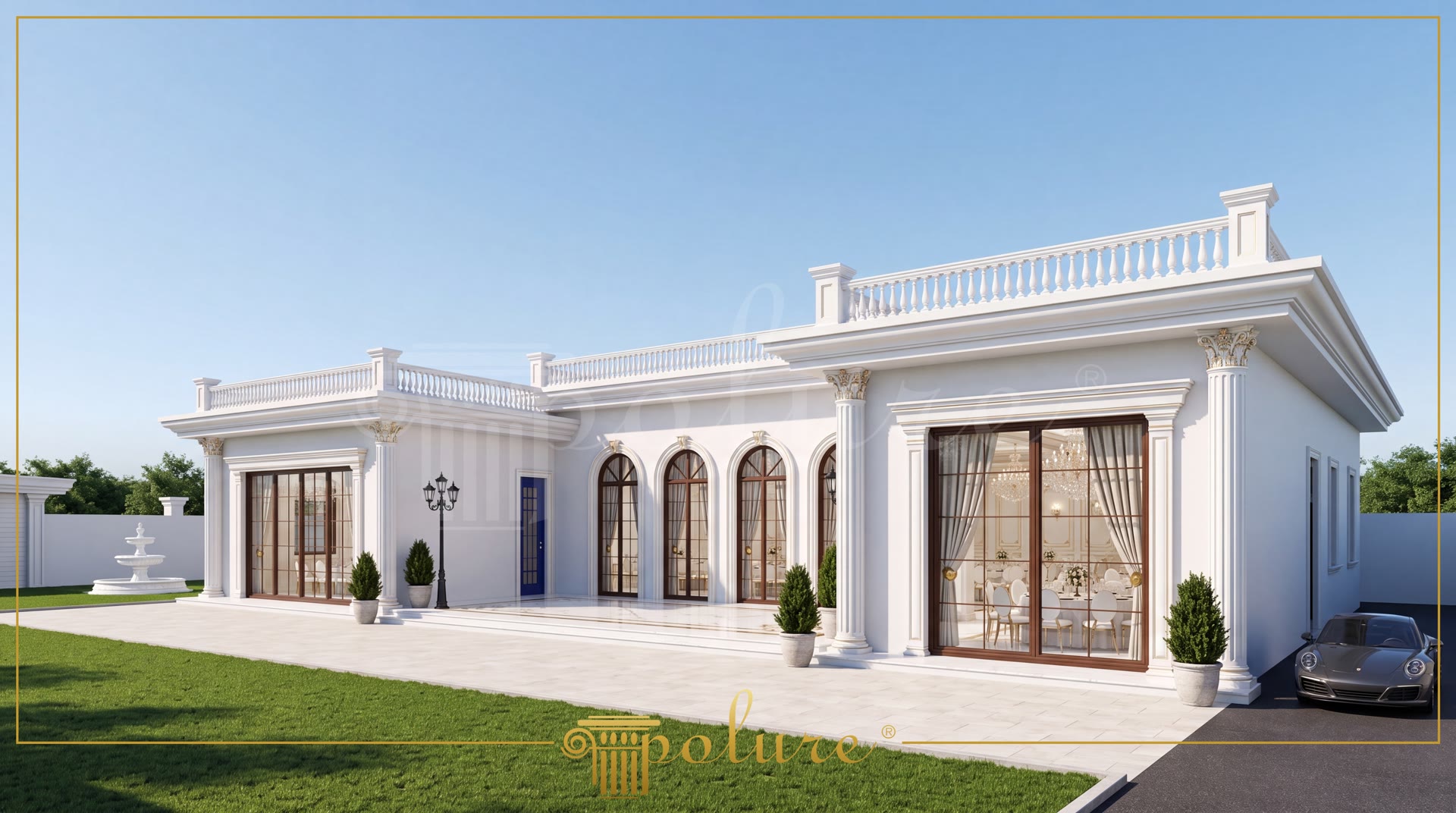 Terasında balustrat korkuluklar, veranda pencere söveleri ve korint köşe sütunları bulunan tek katlı lüks villa dış cephesi.