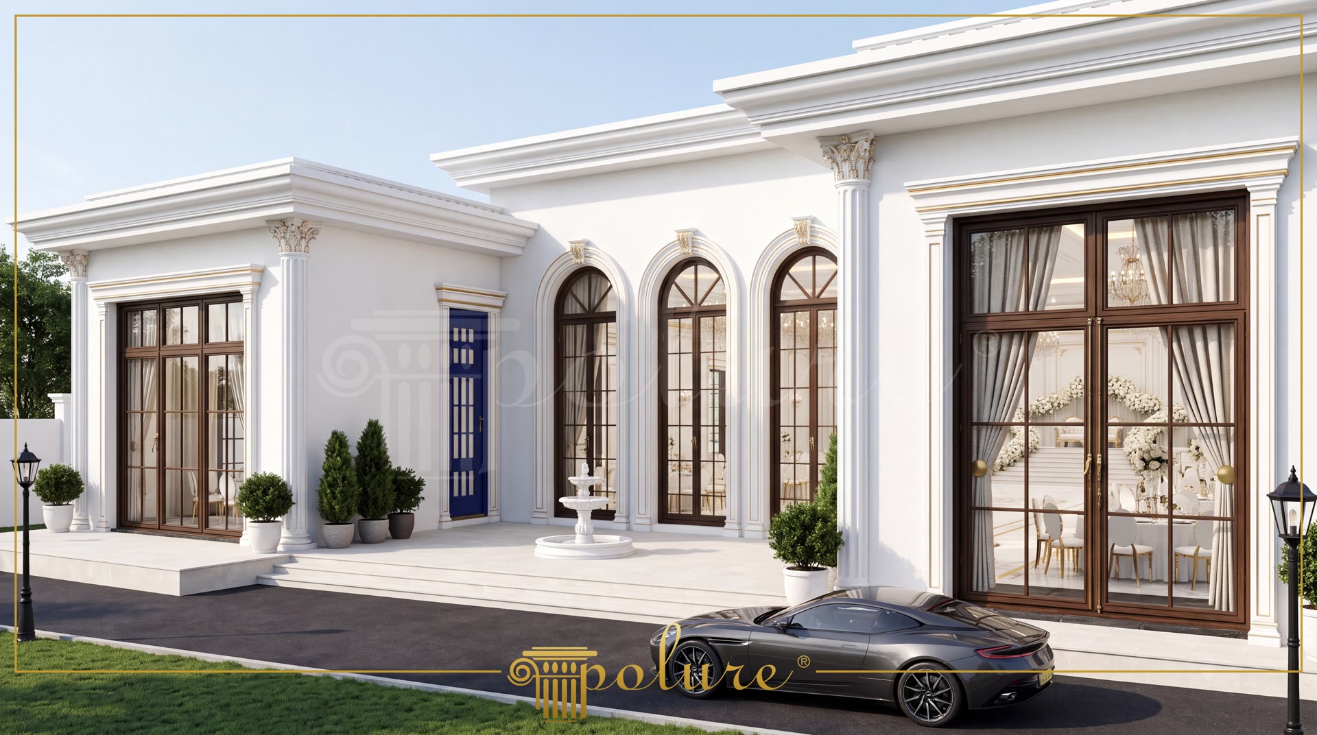 Geniş beyaz villa dış cephesinde kemerli ve düz cam kapılar etrafında poliüretan söve çerçeveler, Korint başlıklı yivli sütunlar, süs havuzu ve önünde siyah spor araba.