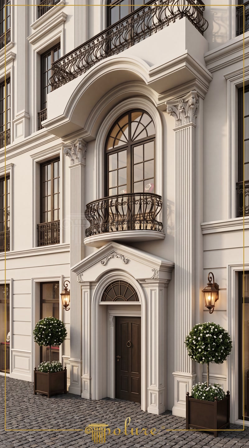 Klasik tarzda dekore edilmiş binanın kemerli giriş kapısı, yivli sütunlar, ferforje korkuluklu Fransız balkon ve dış cephe söve detayları.