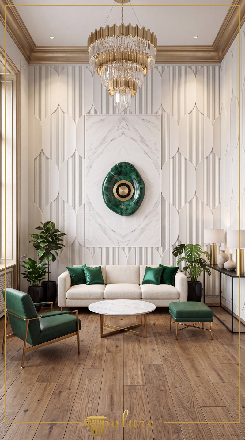 Beyaz 3D dikey oluklu duvar paneli, zümrüt yeşili duvar objesi, altın tavan söveleri ve yeşil berjerli modern salon.
