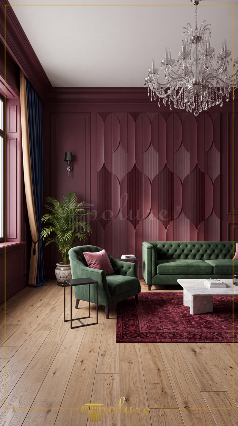 Pencereleri bordo söve çerçeveli, 3D duvar panelli ve yeşil kadife koltuklu lüks salon