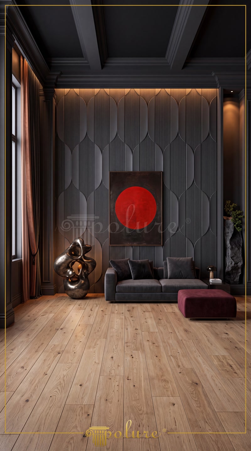 Gizli LED aydınlatmalı 3D duvar paneli, kaset tavan ve soyut heykelli antrasit salon