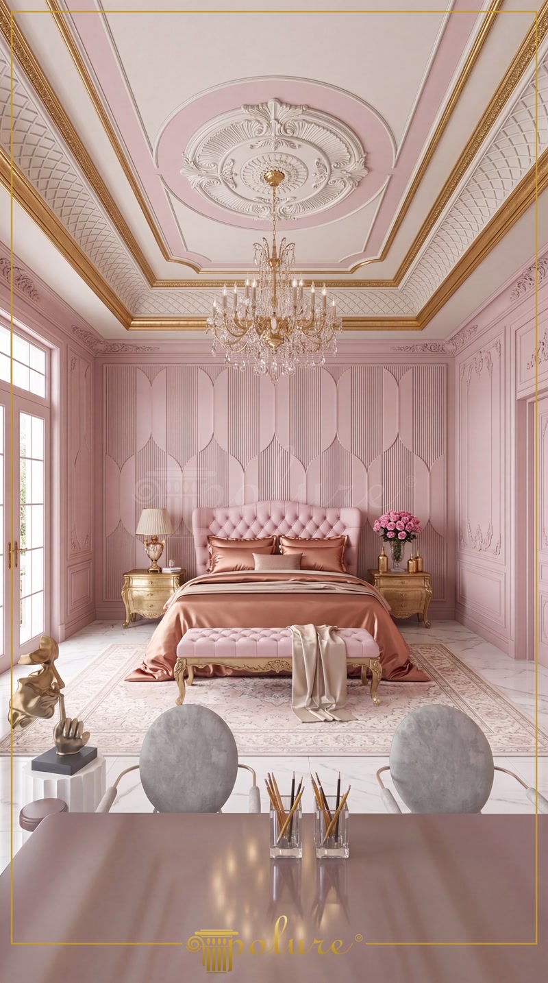 Pudra pembe 3D duvar panelli, altın varaklı tavan göbeği ve kristal avizeli yatak odası süiti