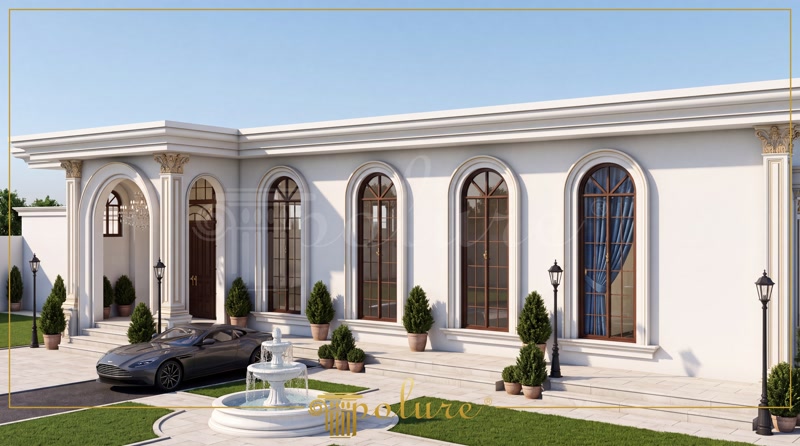 Dairesel süs fıskiyeli geniş bahçe içerisinde, kemerli poliüretan pencere söveleri ile bezenmiş tek katlı lüks villa dış cephe görünümü.