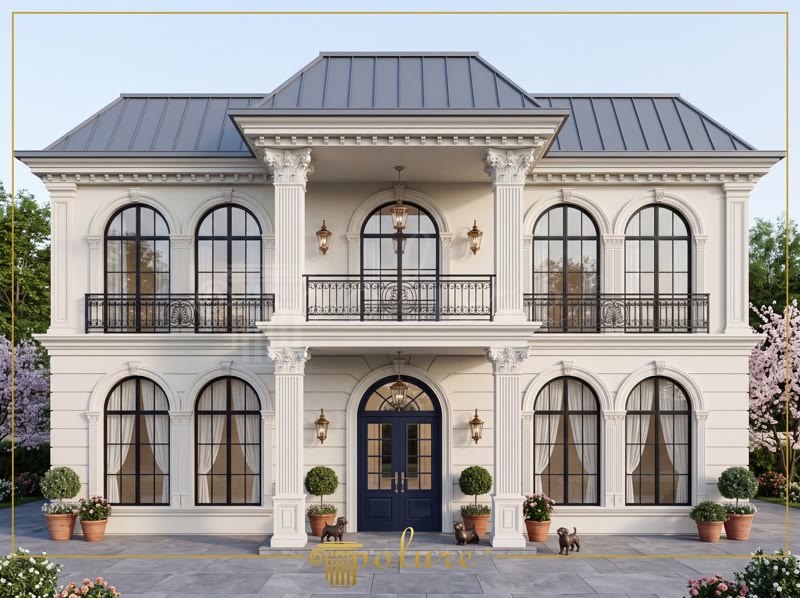 Simetrik iki katlı lüks villa cephesinde kemerli pencere söveleri, Korint sütun başlıkları, balkon ve kat silmesi detayları.