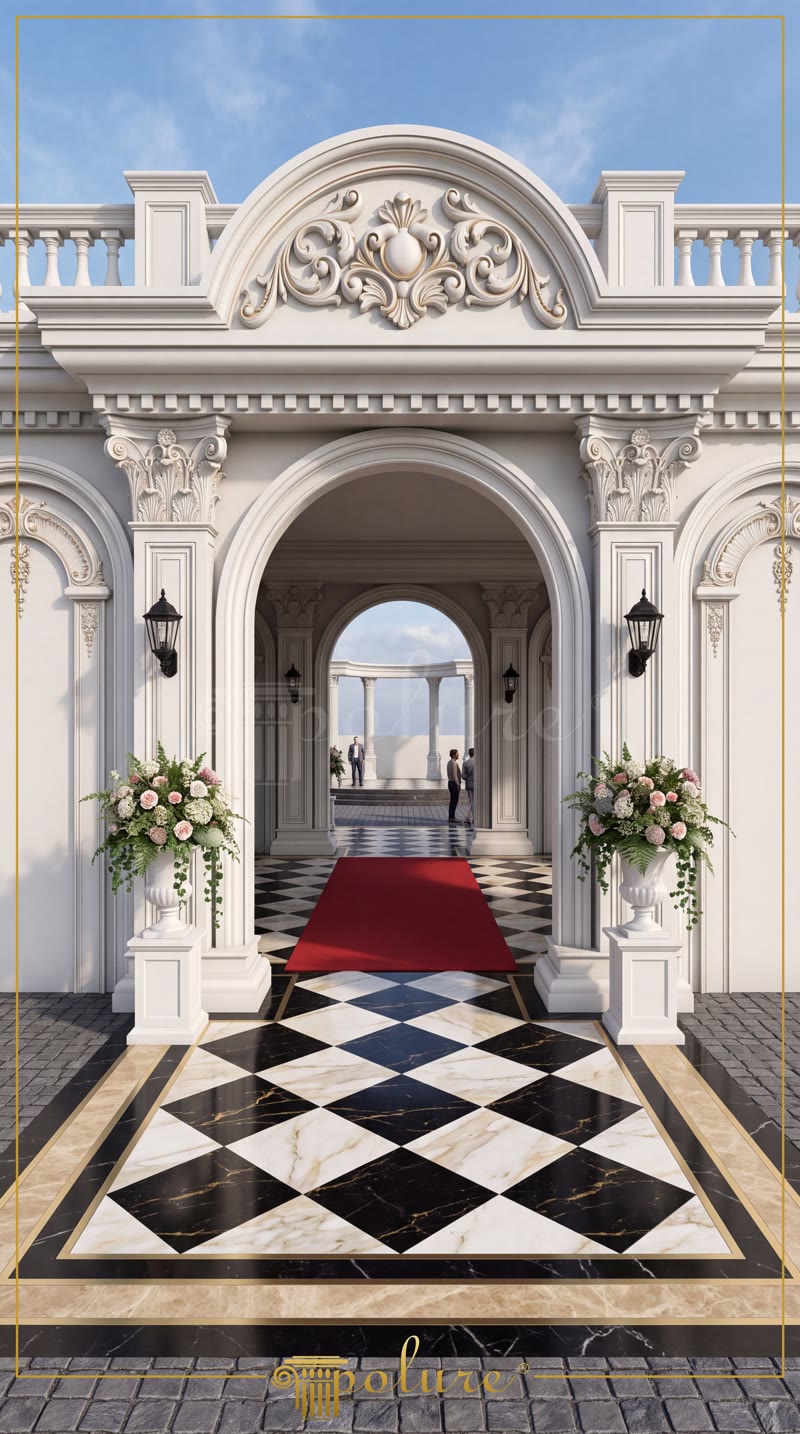 Poliüretan pilaster sütun, kavisli kemer söve ve taç modelleriyle tasarlanmış neo klasik dış cephe kapı girişi.