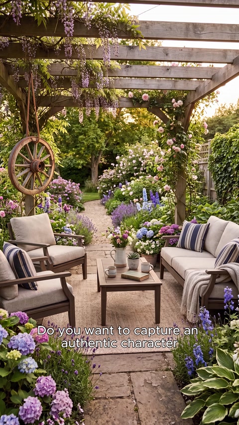 Çiçekli bahçede ahşap görünümlü pergola ve oturma alanı