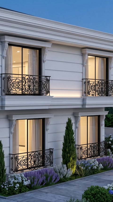 Pencere söveleri ve yatay silmelerle tamamlanmış gri dış cephe