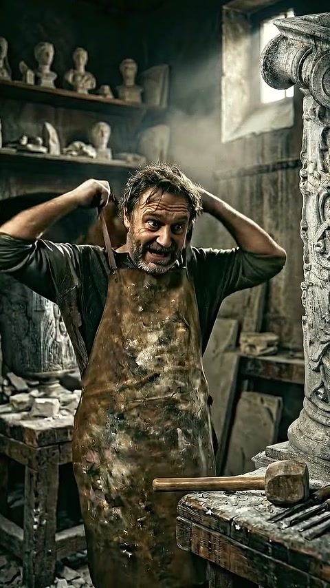 Eski dönem ustası taş işleme tezgâhında ellerini başına götürüyor