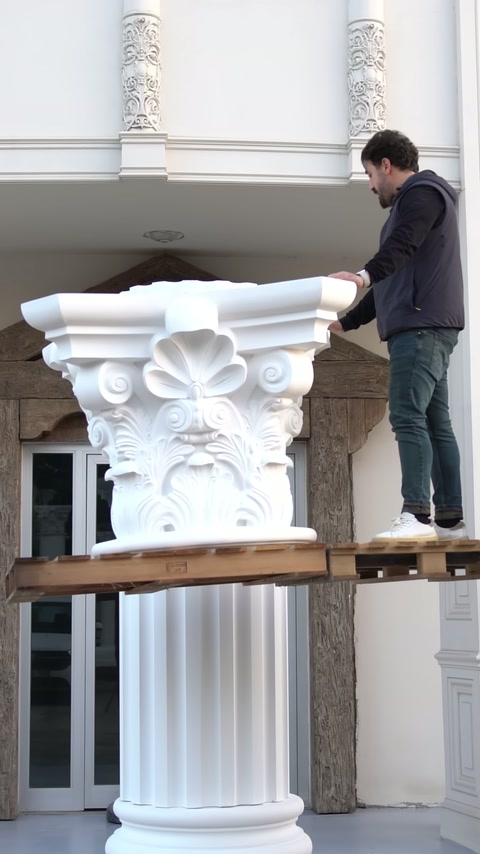 Çiçek motifli başlığın kenarları iskele üzerinden elle dengeleniyor.