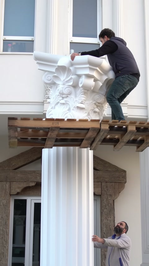 Üstteki usta büyük başlığı tutarken alttaki çalışan birleşimi izliyor.