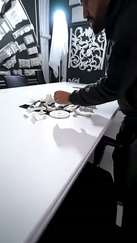 Masa üzerindeki minyatür ürünlerin yerleşimi görevli tarafından ayarlanıyor.