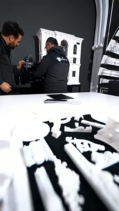 İki görevli beyaz cephe maketinin yanında ürünleri hazırlıyor.