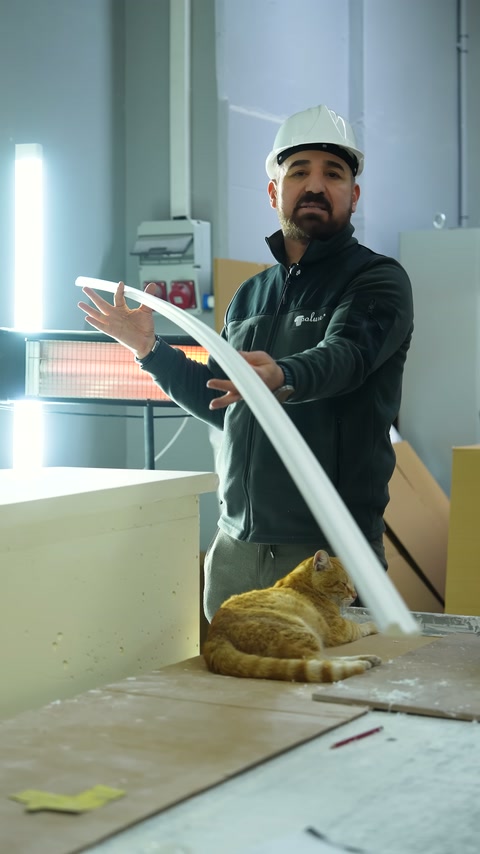Baretli usta, ince dekoratif çıtanın esnekliğini tezgâhta uygulamalı gösteriyor.