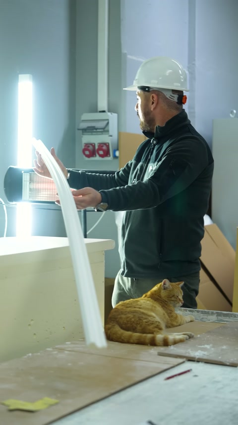 Çalışan, kavis verdiği beyaz çıtayı üretim alanında yandan gösteriyor.