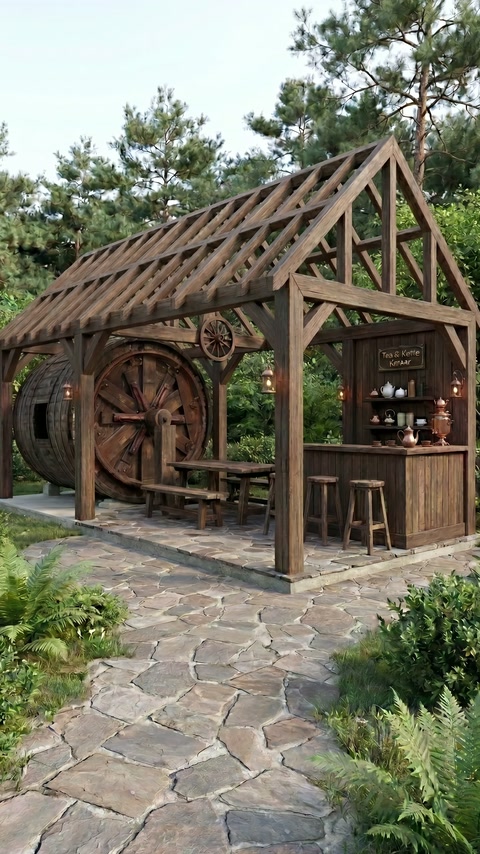 Açık bahçedeki ahşap pergola, servis köşesi ve çarkla düzenlenmiş