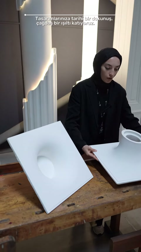İki beyaz armatür modeli çalışma masasında yan yana sergileniyor.